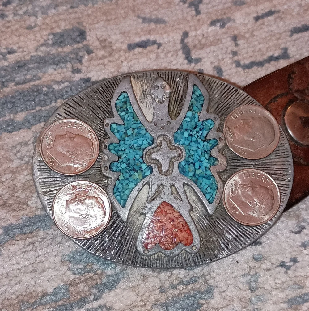 Vintage Turquoise Coral Color Inlay Metal Belt Buckle